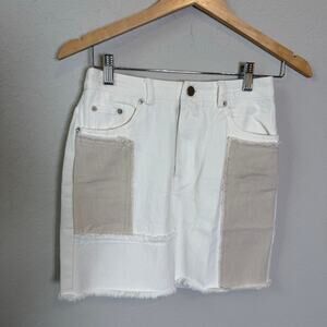 Paper Moon Women's White and Tan Patch Denim Mini Skirt Size S NEW